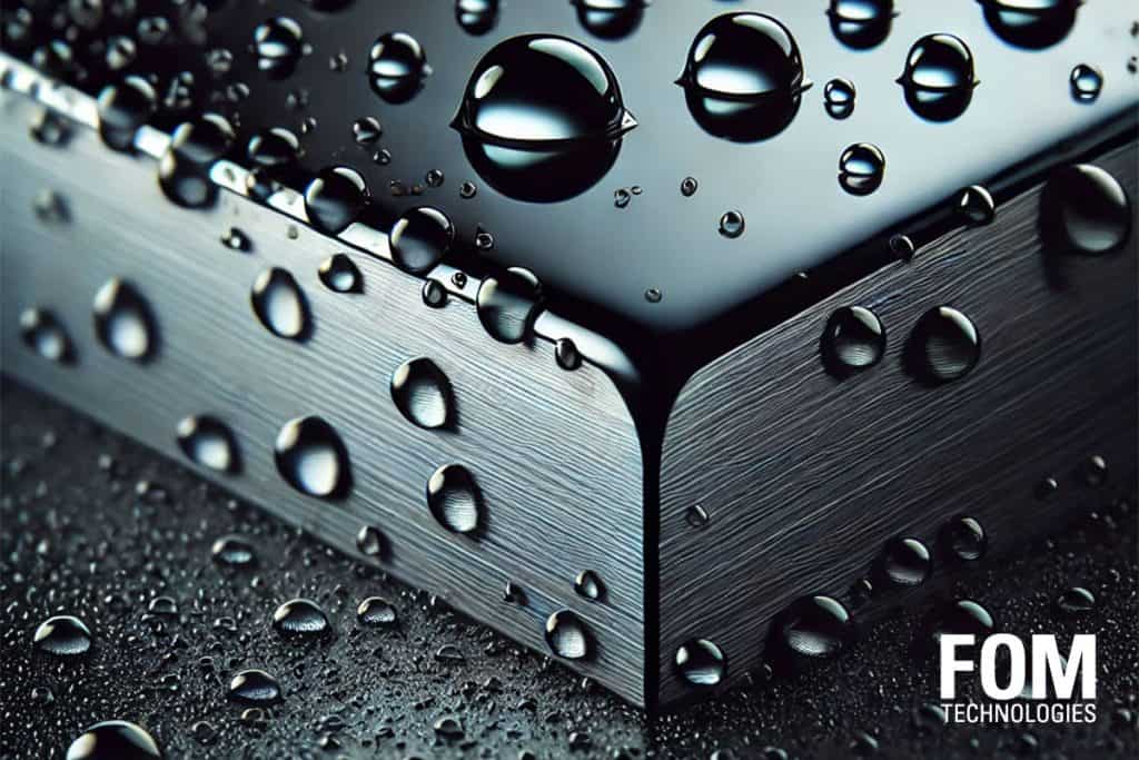 Close-up of water droplets on a metal surface, showcasing precision engineering.